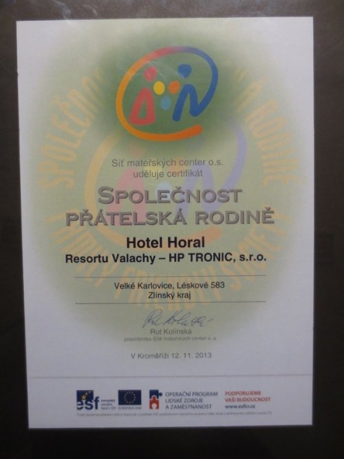 Hotel Horal obdržel certifikát Family Friendly – Společnost přátelská rodině